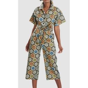 Natori Women Multicolor Hexagon Floral Geometric Button Front Belted Jumpsuit S